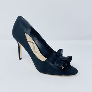 Nina Evelixa Ruffle Peep Toe Heels in Black Satin Womans Shoes SZ 7 M